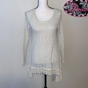 Ppla clothing white striped lace hem sheer long sleeve tunic top